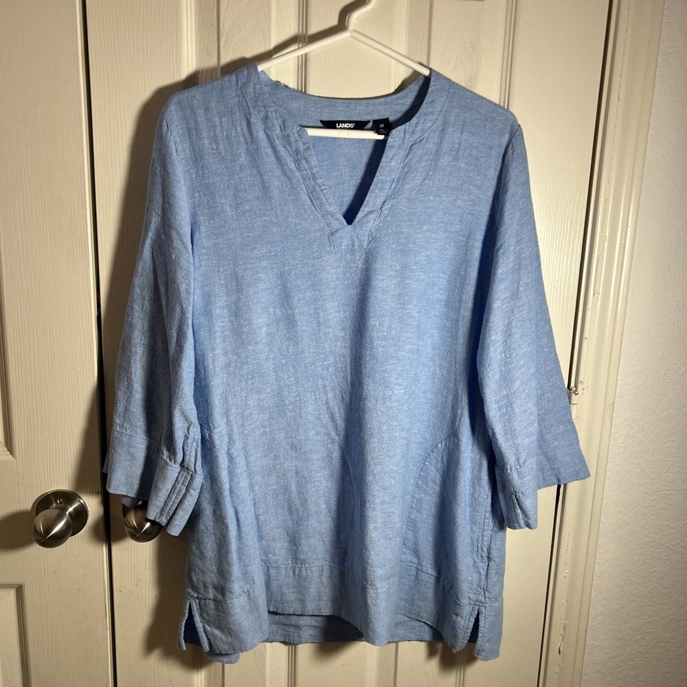 Lands End Tunic Top M Blue Linen Viscose Blend Resort Beachy Vacation Tunic